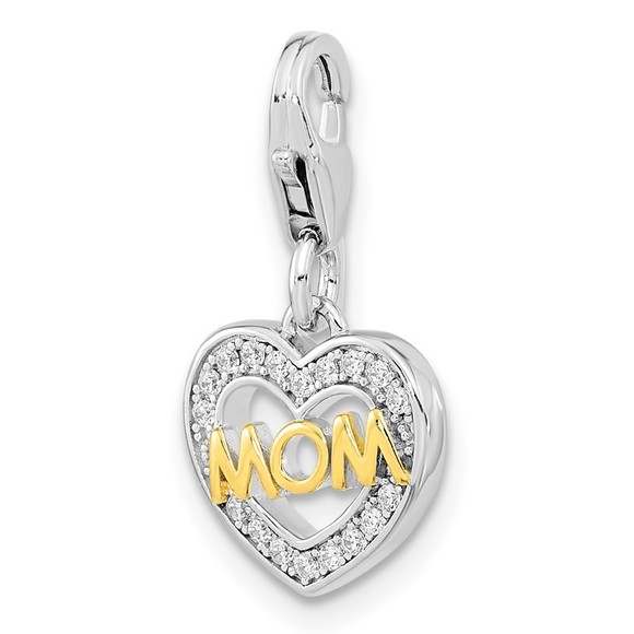 Sterling Silver Gold-plated Polished CZ MOM Heart Bracelet Charm Lobster Clasp - Picture 5 of 5